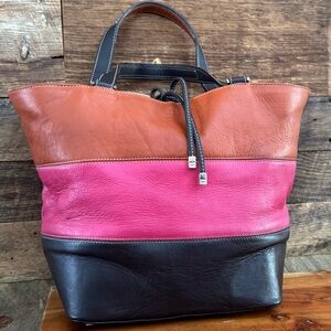 Vintage Kate Spade Italy Colorblock Leather Tote Suede Lined Pink Orange 90s Bag